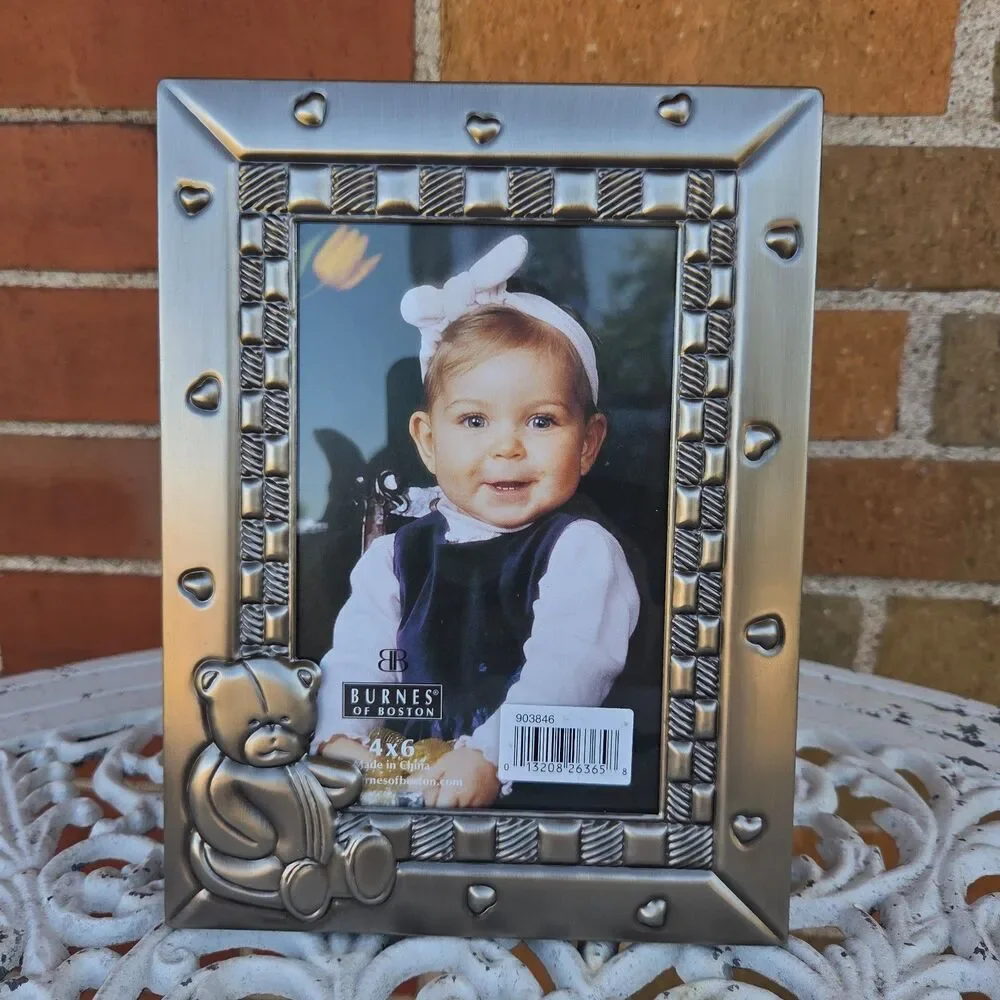 Burnes of Boston Teddy Bear Baby Photo Frame 4x6 Silver Hearts NOS Box